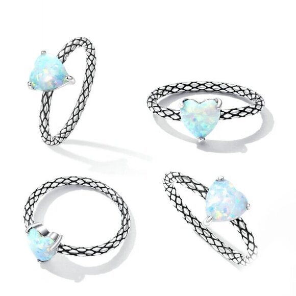 NWT Heart Shaped Natural Opal Ring Sz.8 S925 Sterling Silver Snake Pattern Band - Picture 6 of 8